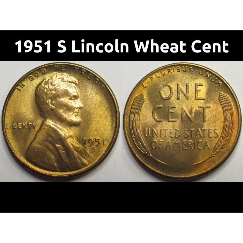 1951 S Lincoln Wheat Cent - antique San Francisco mintmark wheat penny