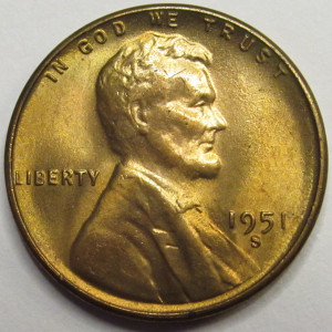 1951 S Lincoln Wheat Cent - antique San Francisco mintmark wheat penny