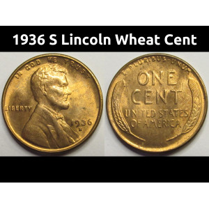 1936 S Lincoln Wheat Cent - antique San Francisco mintmark uncirculated wheat penny