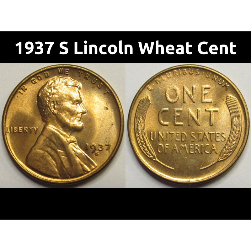1937 S Lincoln Wheat Cent - antique San Francisco mintmark uncirculated penny