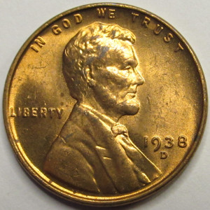 1938 D Lincoln Wheat Cent - antique Denver mintmark red uncirculated penny