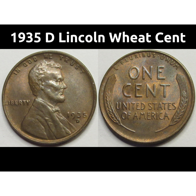 1935 D Lincoln Wheat Cent - antique Denver mintmark American wheat penny