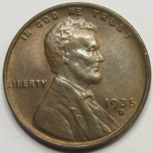 1935 D Lincoln Wheat Cent - antique Denver mintmark American wheat penny