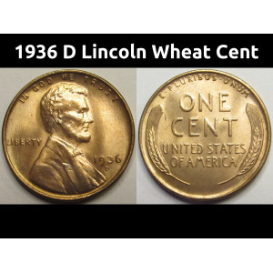1936 D Lincoln Wheat Cent - antique uncirculated American wheat penny