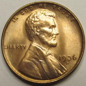 1936 D Lincoln Wheat Cent - antique uncirculated American wheat penny