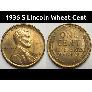 1936 S Lincoln Wheat Cent - antique San Francisco mintmark American penny