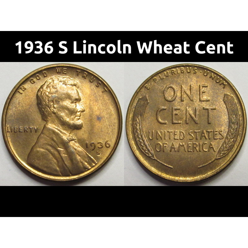 1936 S Lincoln Wheat Cent - antique San Francisco mintmark American penny