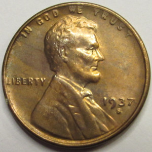 1937 S Lincoln Wheat Cent - antique San Francisco mintmark American penny