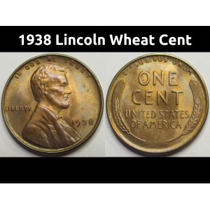 1938 Lincoln Wheat Cent - antique toned uncirculated wheat penny