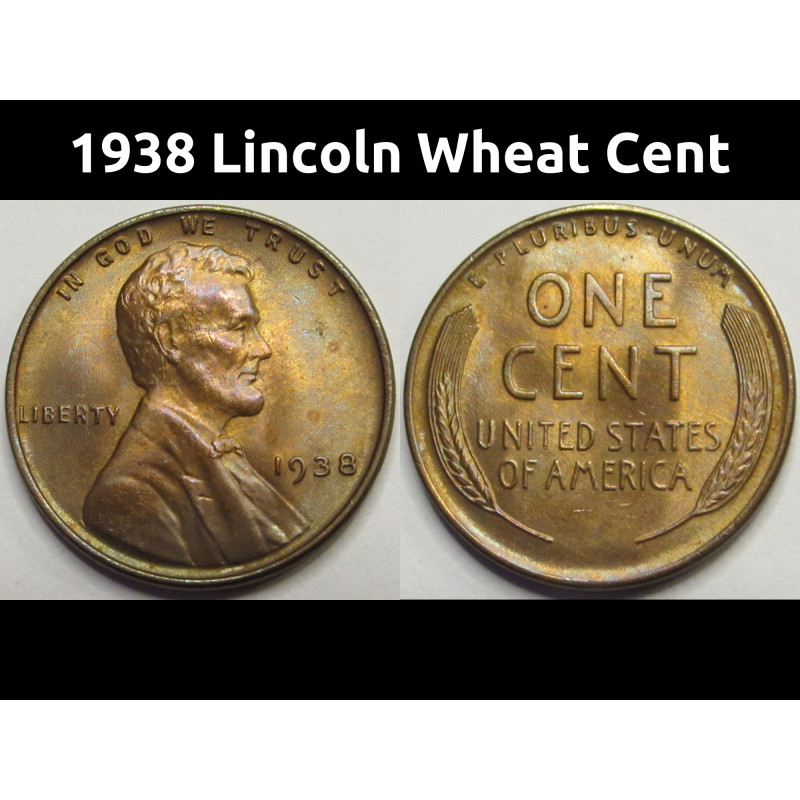 1938 Lincoln Wheat Cent - antique toned uncirculated wheat penny