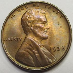 1938 Lincoln Wheat Cent - antique toned uncirculated wheat penny