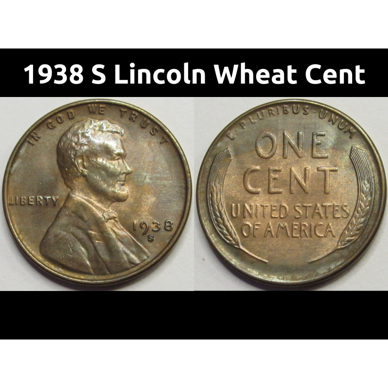 1938 S Lincoln Wheat Cent - antique San Francisco mintmark American wheat penny