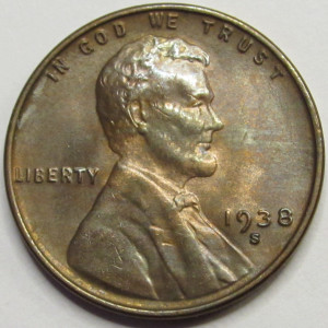 1938 S Lincoln Wheat Cent - antique San Francisco mintmark American wheat penny