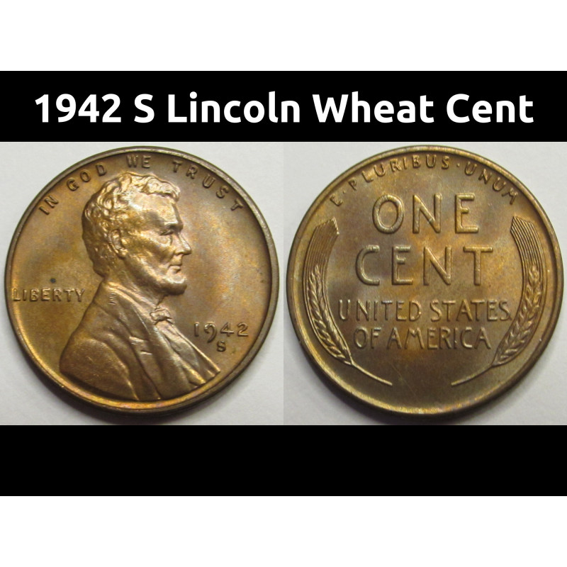 1942 S Lincoln Wheat Cent - antique San Francisco mintmark toned penny