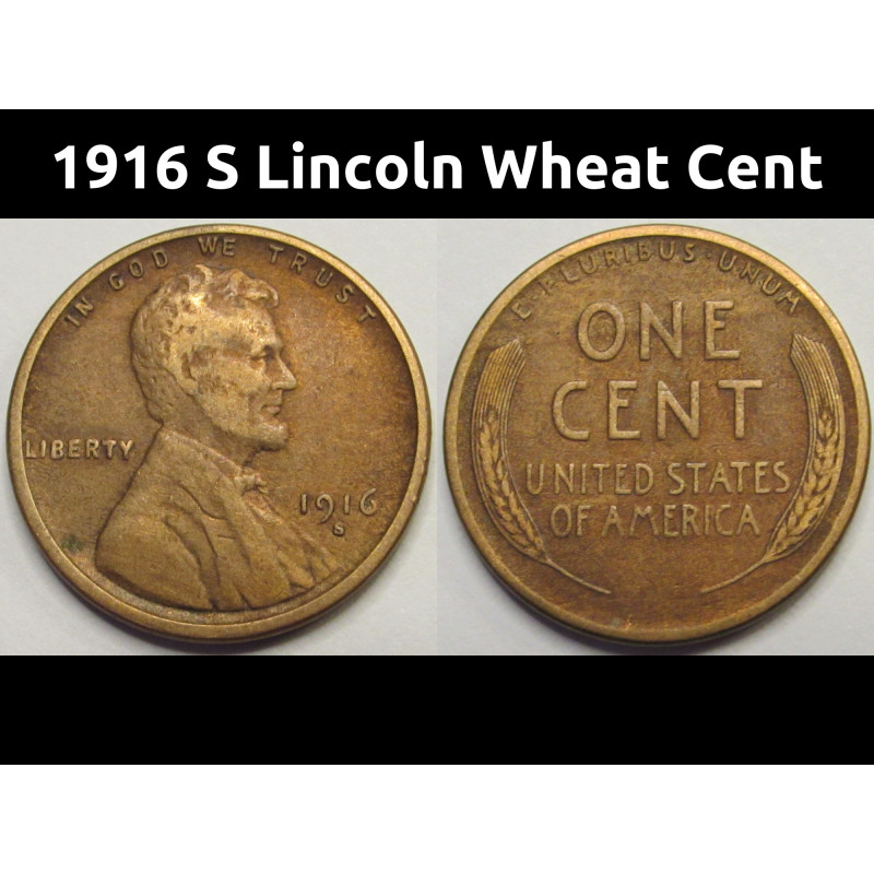 1916 S Lincoln Wheat Cent - antique San Francisco mintmark penny