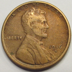 1916 S Lincoln Wheat Cent - antique San Francisco mintmark penny