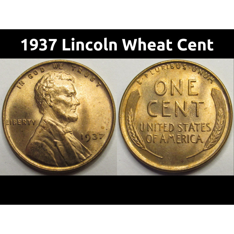 1937 Lincoln Wheat Cent - antique unriculated American wheat penny