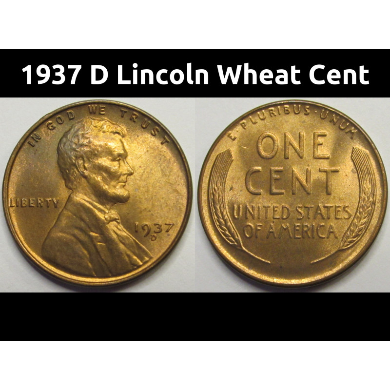 1937 D Lincoln Wheat Cent - antique Denver mintmark wheat penny