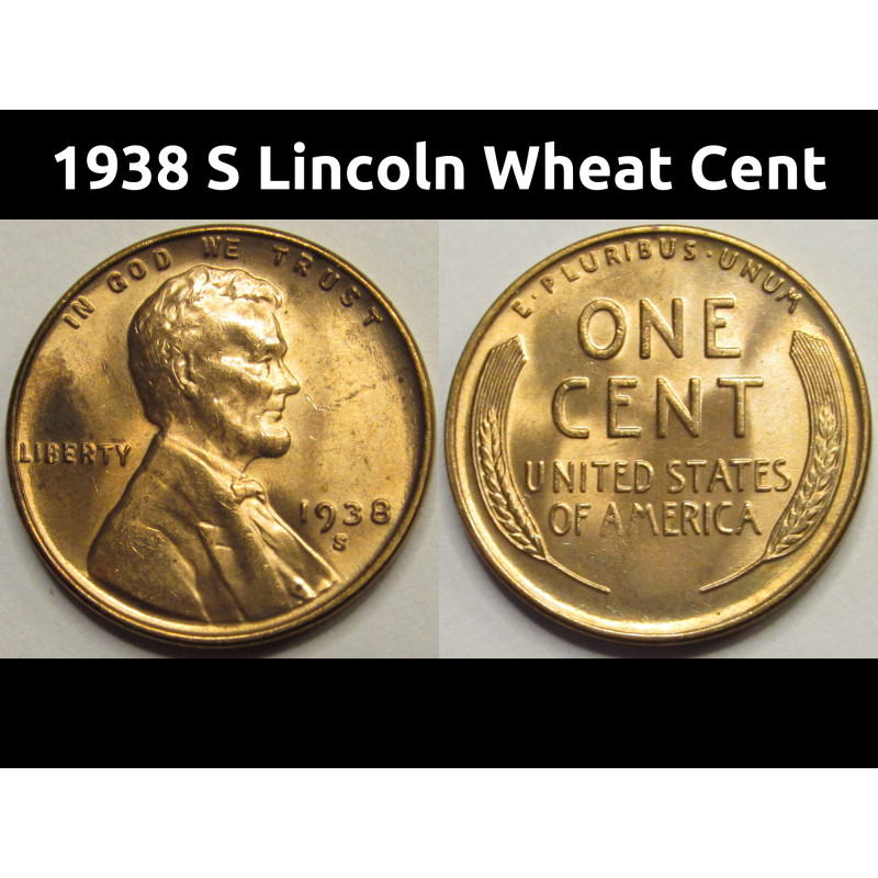 1938 S Lincoln Wheat Cent - antique San Francisco mintmark wheat penny