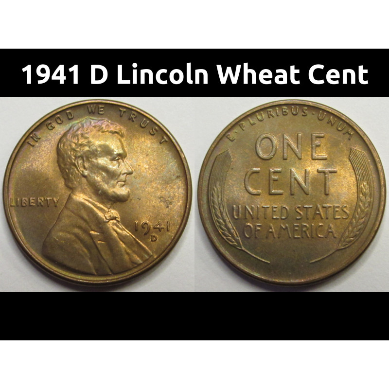1941 D Lincoln Wheat Cent - antique toned American wheat penny