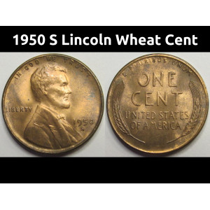 1950 S Lincoln Wheat Cent - antique San Francisco mintmark wheat penny