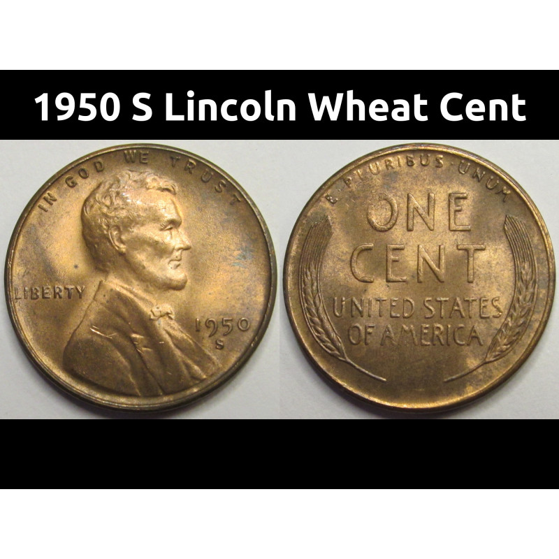 1950 S Lincoln Wheat Cent - antique San Francisco mintmark wheat penny