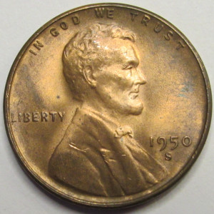 1950 S Lincoln Wheat Cent - antique San Francisco mintmark wheat penny