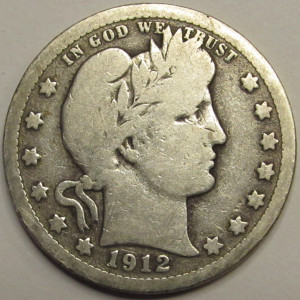 1912 Barber Quarter - antique American silver quarter coin