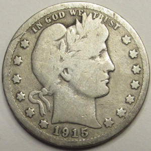 1915 Barber Quarter - antique American silver quarter coin