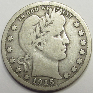 1915 D Barber Quarter - antique Denver mintmark issue American silver coin
