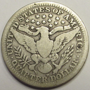 1915 D Barber Quarter - antique Denver mintmark issue American silver coin