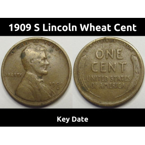 1909 S Lincoln Wheat Cent - antique low mintage San Francisco mintmark penny