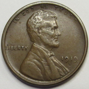 1919 S Lincoln Wheat Cent - antique higher grade San Francisco mintmark wheat penny