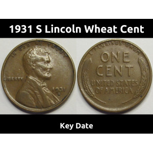 1931 S Lincoln Wheat Cent - antique key date low mintage American wheat penny
