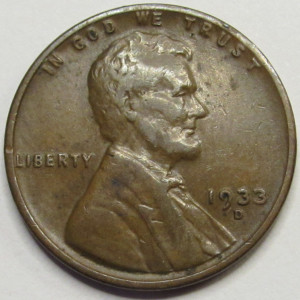 1933 D Lincoln Wheat Cent - antique Denver mintmark Great Depression era penny