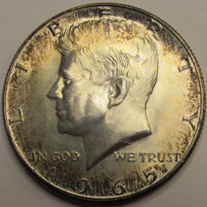 1965 JFK Half Dollar - antique 40 percent silver toned uncirculated coin
