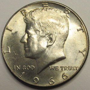 1966 JFK Half Dollar - 40 percent silver uncirculated American coin