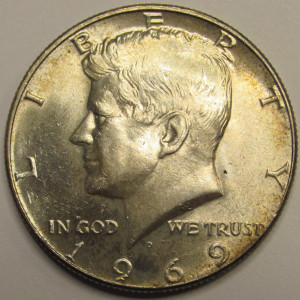 1969 D JFK Half Dollar - antique 40 percent silver Denver mintmark toned coin