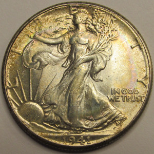 1941 Walking Liberty Half Dollar - uncirculated toned American silver coin