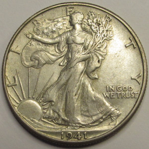1941 D Walking Liberty Half Dollar - antique better condition American silver coin