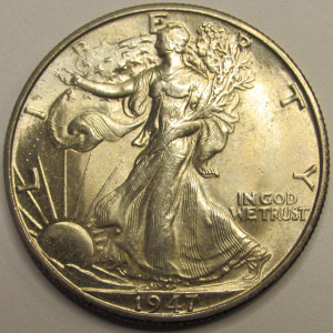 1947 D Walking Liberty Half Dollar - antique uncirculated flashy American silver coin