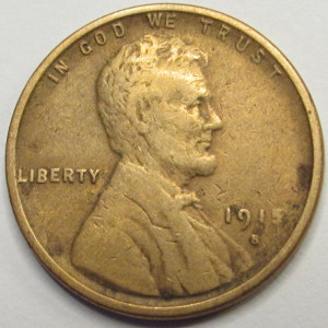 1915 S Lincoln Wheat Cent - antique San Francisco mintmark wheat penny