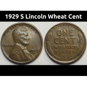 1929 S Lincoln Wheat Cent - antique higher grade San Francisco mintmark wheat penny