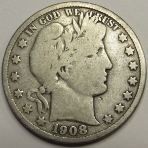 1908 D Barber Half Dollar - antique Denver mintmark silver American coin
