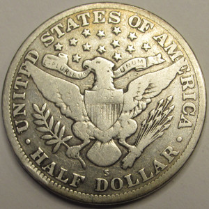 1915 S Barber Half Dollar - antique San Francisco mintmark silver coin