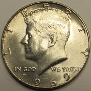 1969 D JFK Half Dollar - antique uncirculated 40 percent silver American silver coin