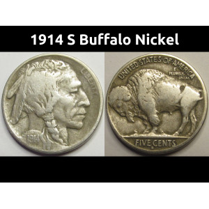 1914 S Buffalo Nickel - antique better date American Indian nickel