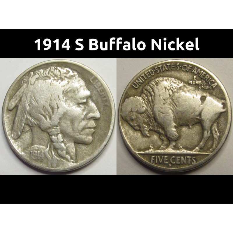 1914 S Buffalo Nickel - antique better date American Indian nickel