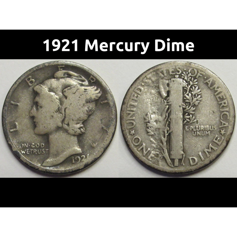 1921 Mercury Dime - antique key date American silver coin