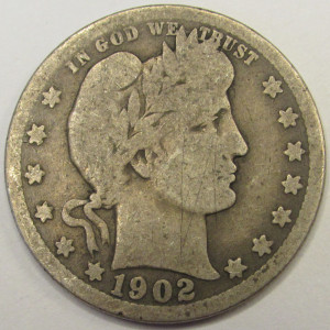 1902 Barber Quarter - antique American silver quarter coin